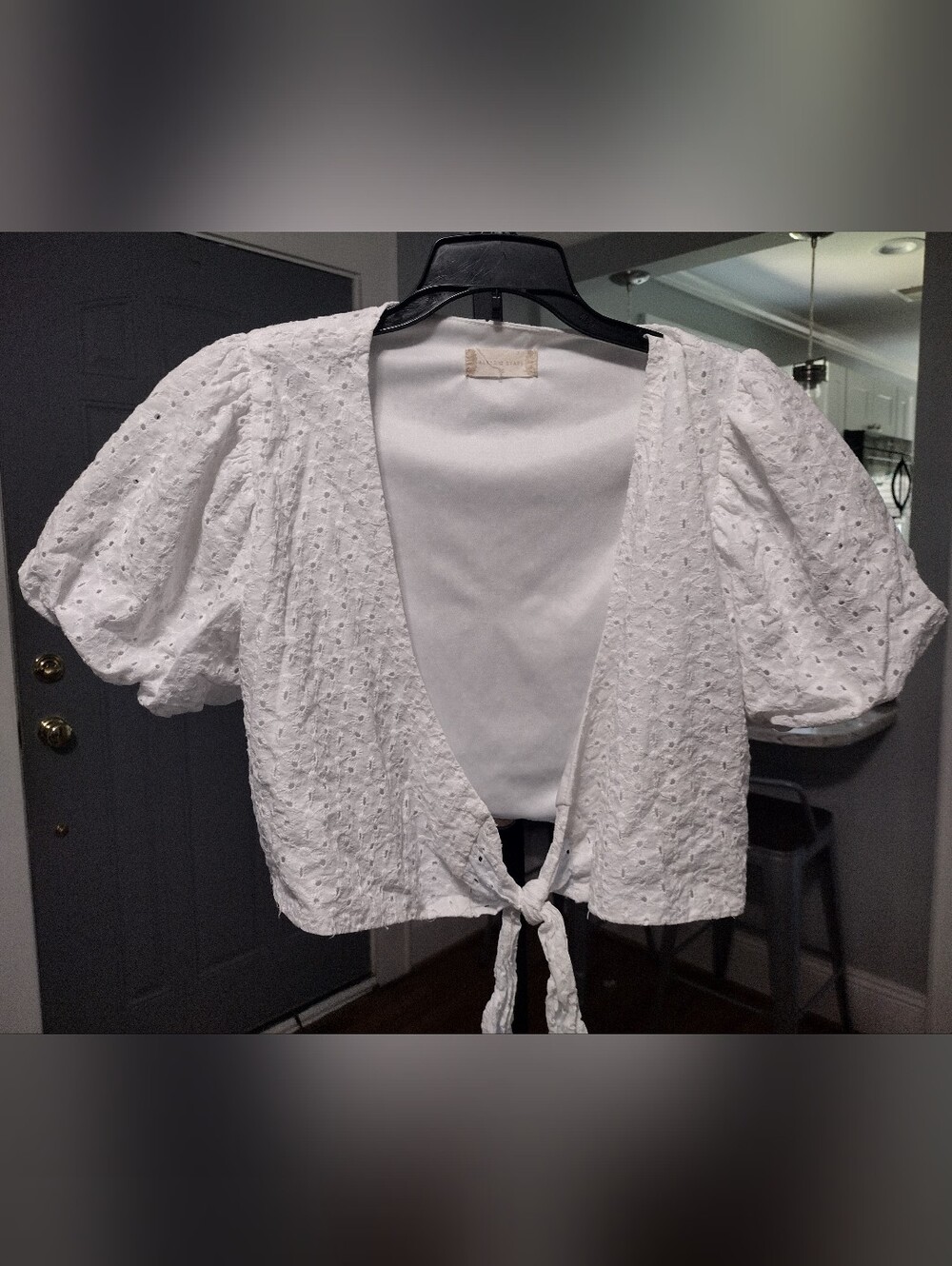 Altar'd State White Eyelet Tie-Front Puff Sleeve Crop Blouse